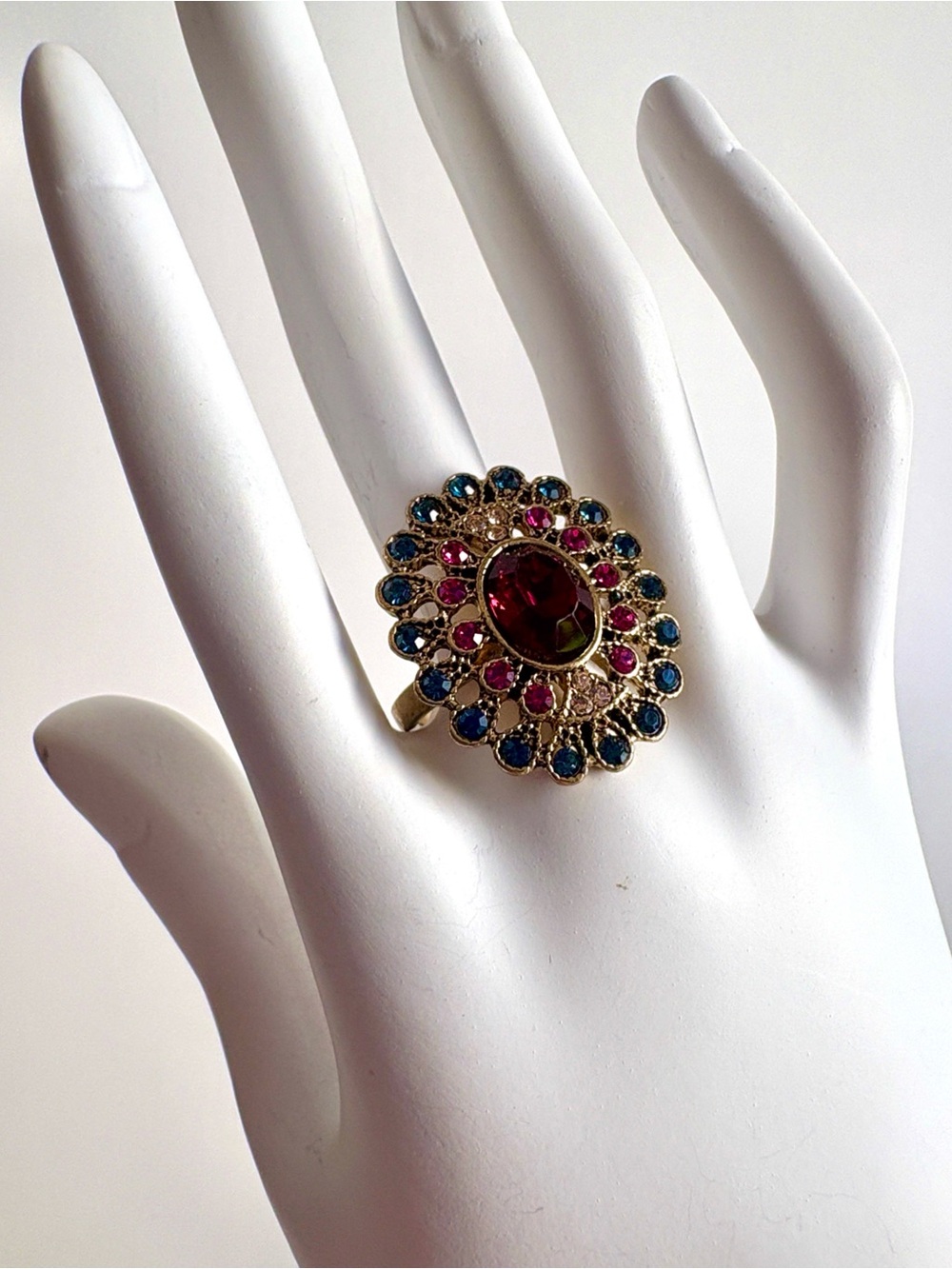 Vintage Style Gold Ring Red Blue Stones Cocktail Statement